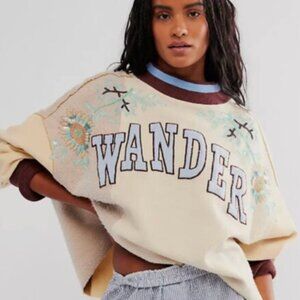 Free People Bali Day Dreams Wander Beaded Patchwork Crew Pullover Sweatshirt | S
